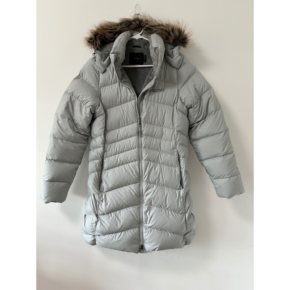 Marmot Montreal Down Puffer Parka Women Medium Grey Gorpcore Faux Fur Hood
